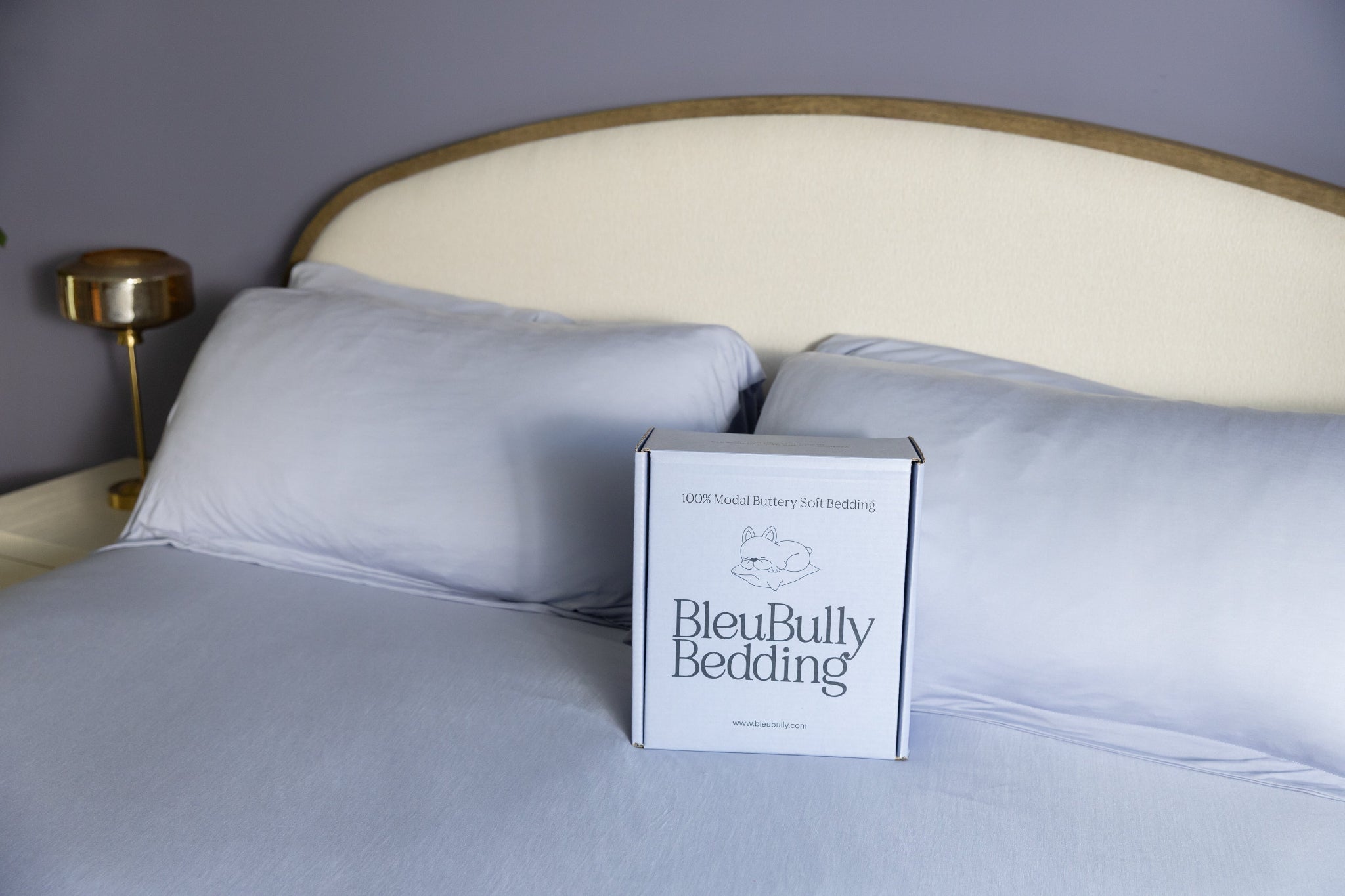 Box of BleuBully Bedding on a bed with light blue bedding and headboard.