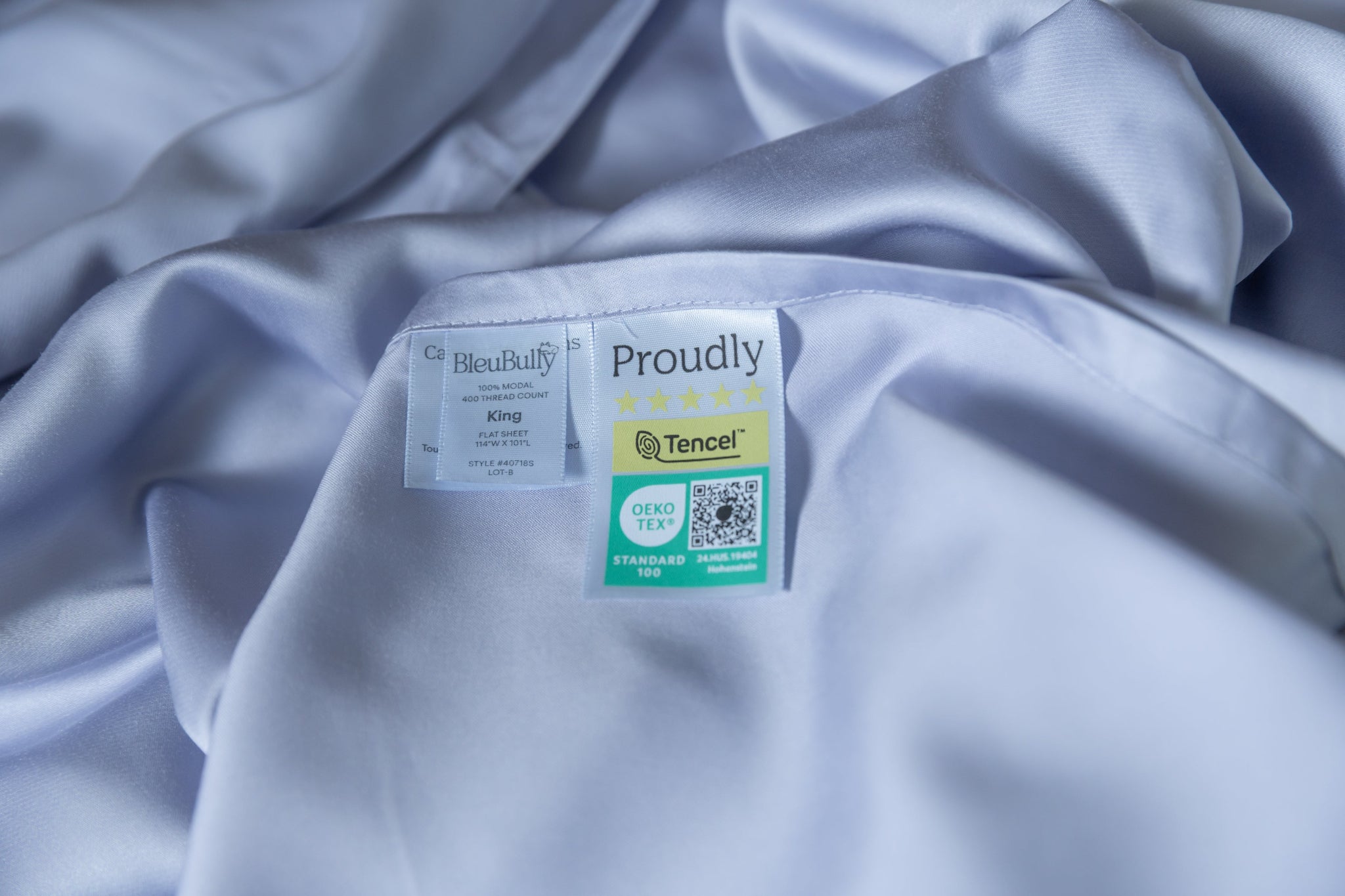 Silky fabric with a label indicating Tencel content