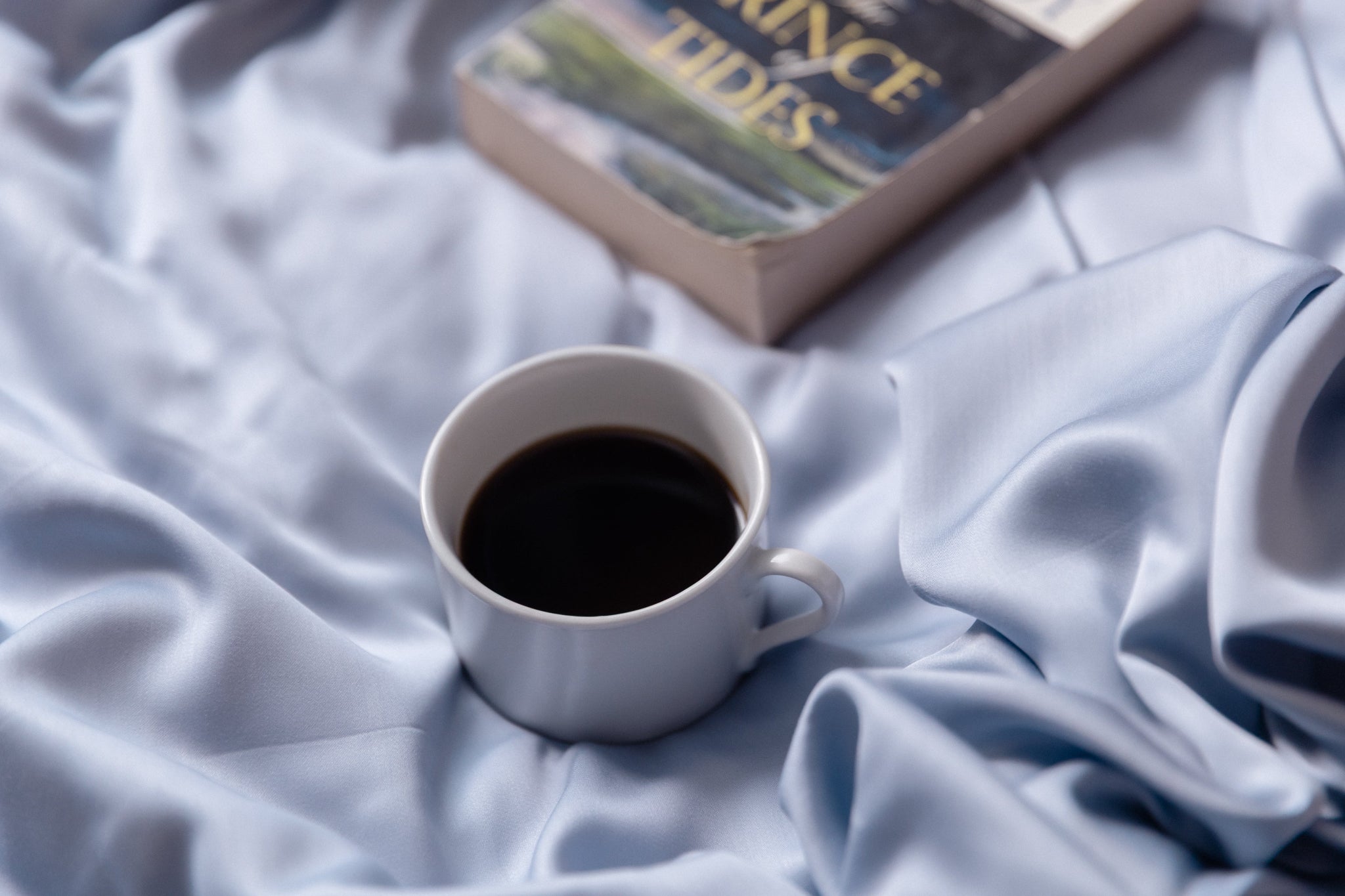 White mug with coffee on a soft blue fabric surface, with a book titled 'Prince Tides' partially visible.