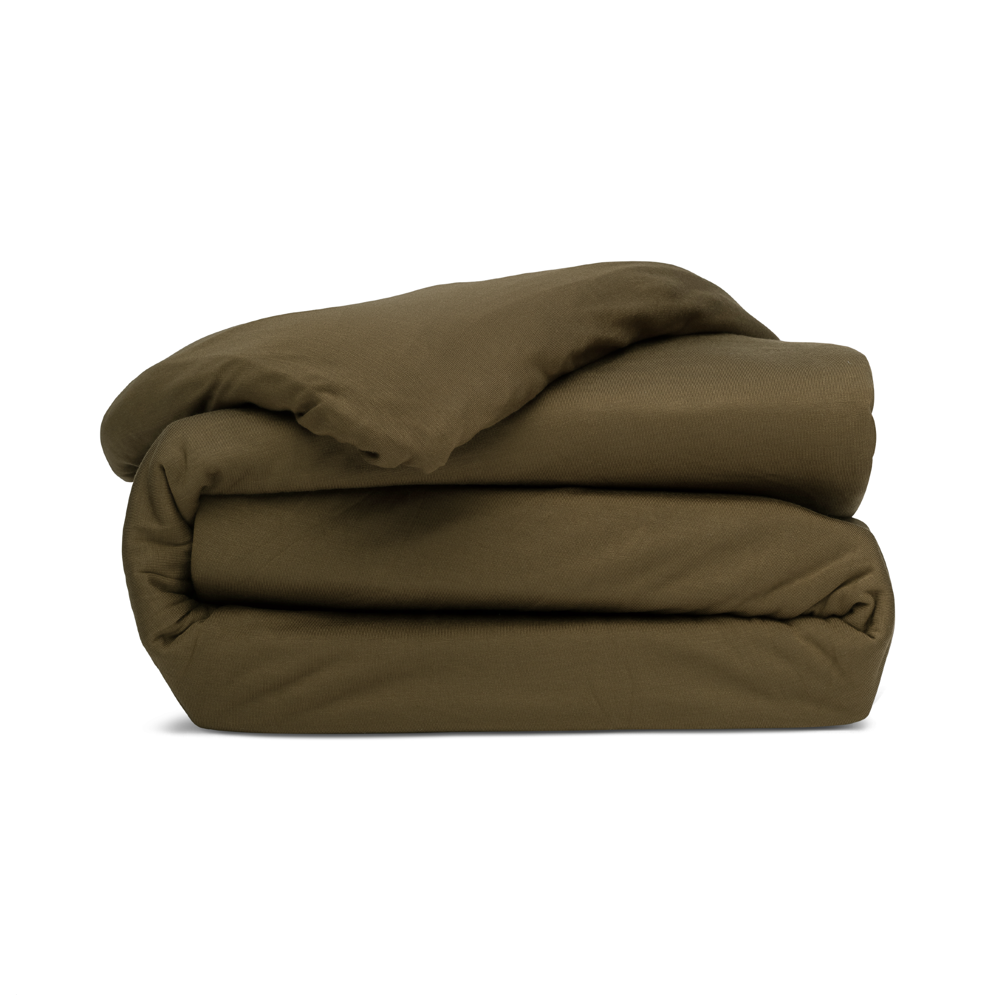 A folded duvet cover in forest green, with a zipper and corner ties visible.