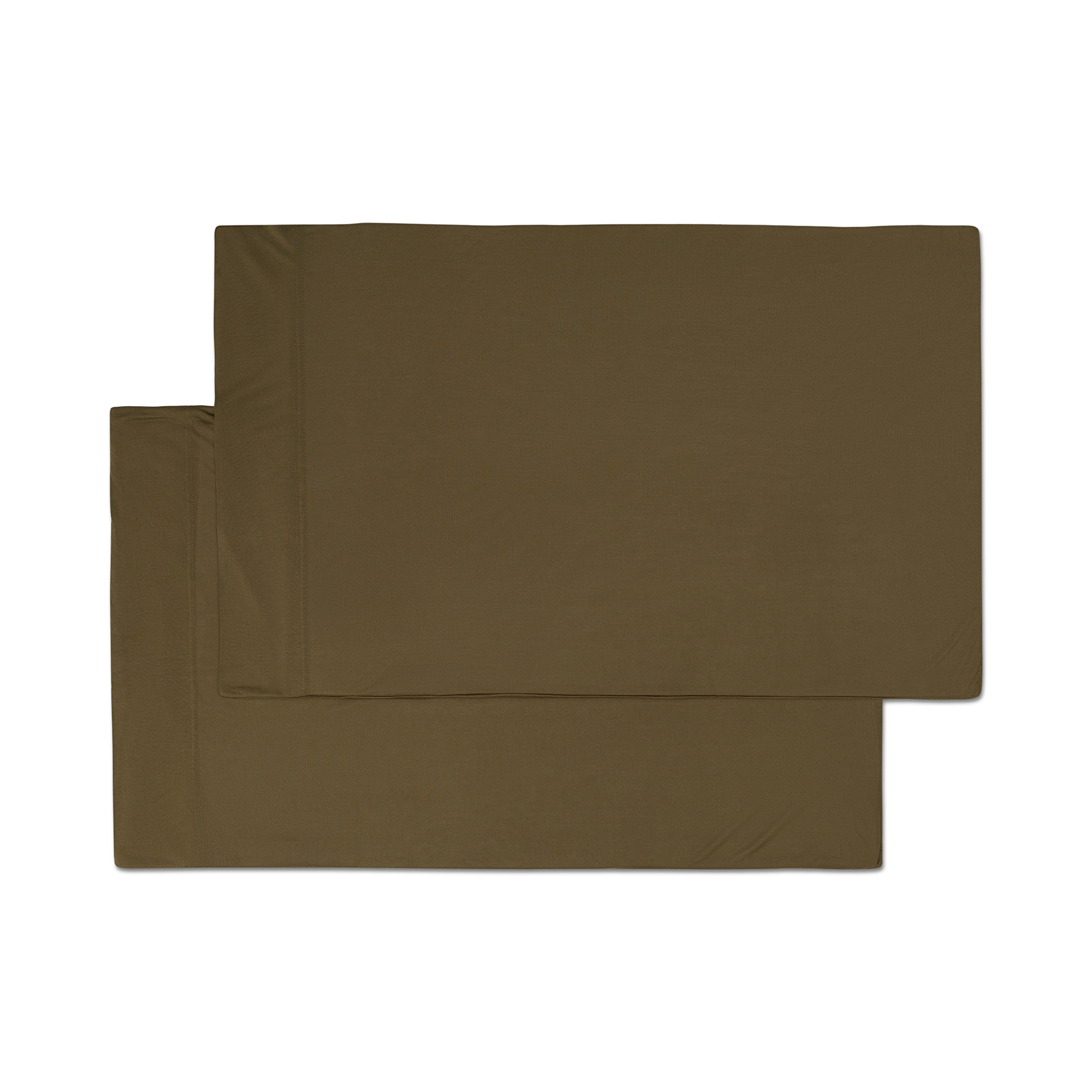 A pair of forest green jersey knit pillowcases with a hem png flat lay image